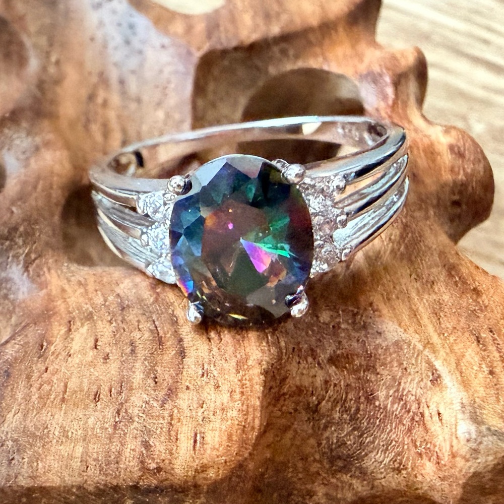 Mystic Topaz Oval Cut Ring With Clear 
Stones Set In Sterling Silver Size 8.5